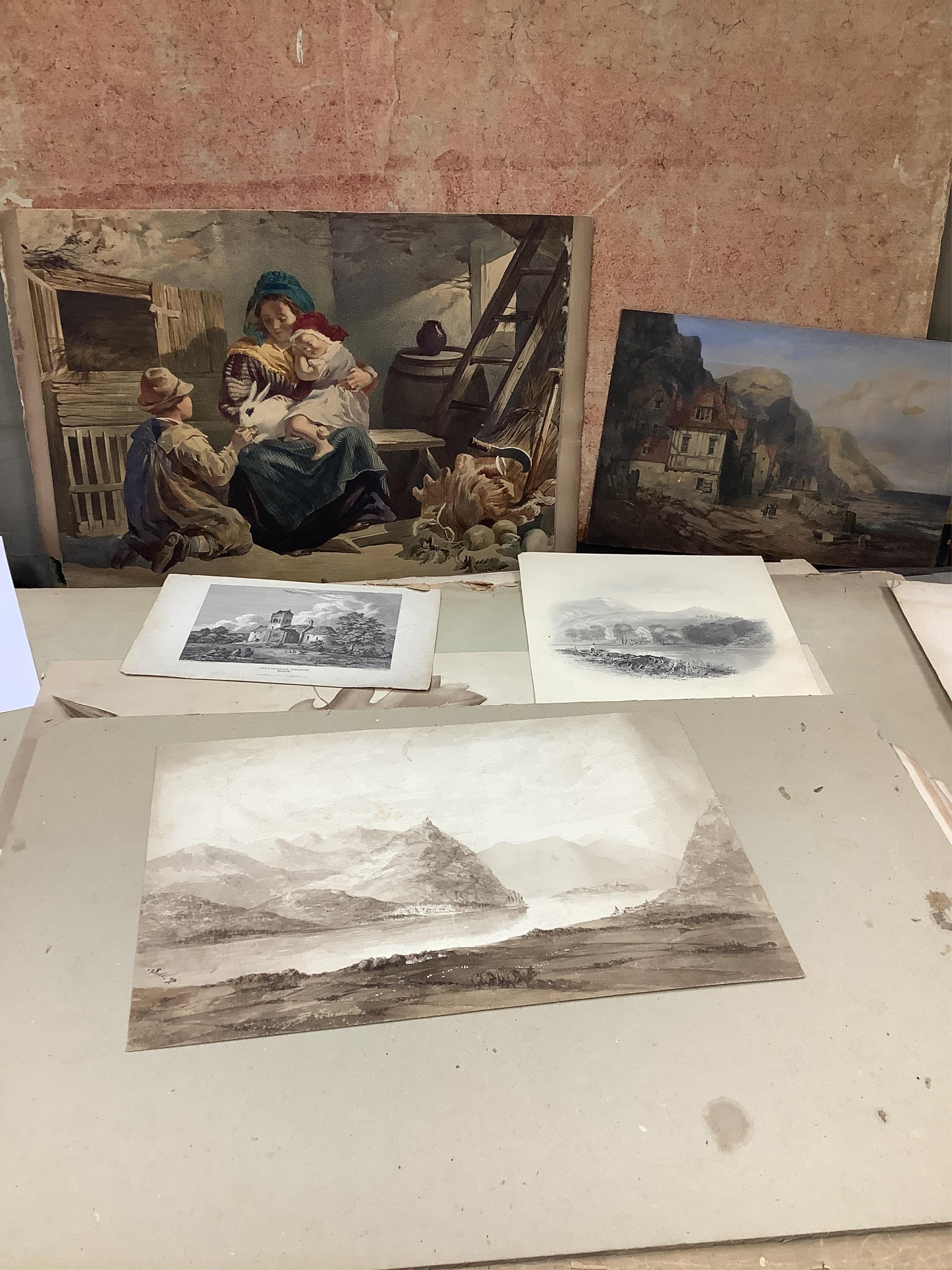 A large collection of 18th century and later watercolours, pencils and prints including M. Simmons, pencil, Study of a dog before a landscape, signed and dated 1858, Italianate landscape watercolours signed A Bock, dated